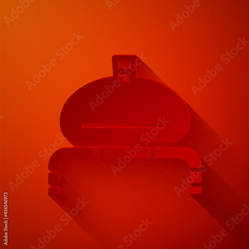 Paper cut Bread and salt on towel icon isolated on red background. National food loaf. Traditional ukrainian wedding bread. Paper art style. Vector