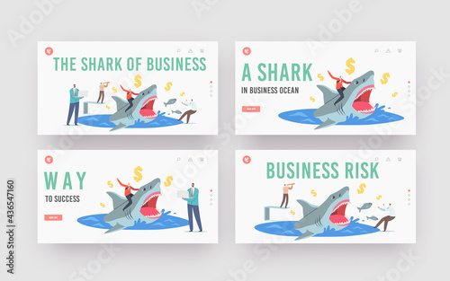 Business Sharks Landing Page Template Set. Brave Businessman Riding Huge Dangerous Shark Men Professional Entrepreneurs