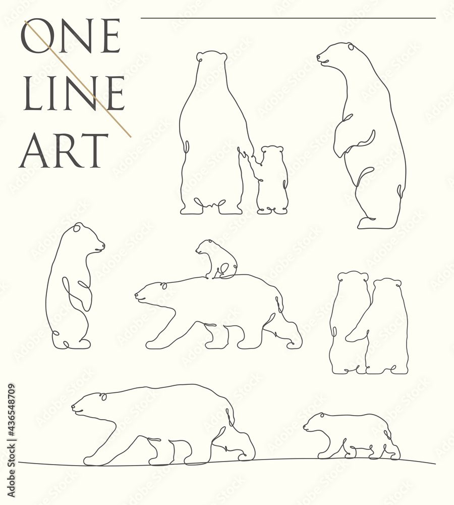Obraz premium Bear outline. Linear animal contour set. Continuous single line