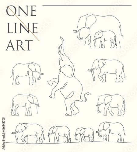 Elephant outline. Linear animal silhouette set. Continuous single line