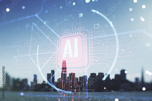 Obraz na plátne Double exposure of creative artificial Intelligence abbreviation hologram on San Francisco office buildings background