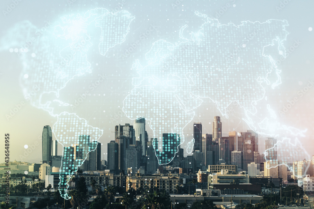 Abstract creative world map interface on Los Angeles skyline background, international trading concept. Multiexposure