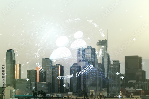 Abstract virtual people icons sketch on Los Angeles office buildings background, life and real estate insurance online concept. Double exposure