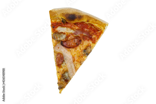 Slice of pizza with sausage, mushrooms and cheese isolated on white background