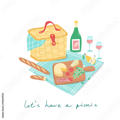Picnic basket with cheese platter and wine on a blanket. Vector illustration of summer picnic concept. Outdoor lunch with baguette  fruits and other snacks.
