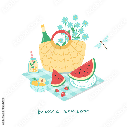 Vector illustration of summer picnic concept. Straw bag, fresh watermelon, lemonade and other snacks on a checkered towel. Outdoor lunch in trendy flat style. Elements are isolated.