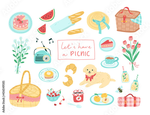 Collection of picnic themed design elements. Includes a cute dog, baskets, rug, cakes, tart, cherries, watermelon and other desserts. Vector illustration of a summer picnic concept in cartoon style.