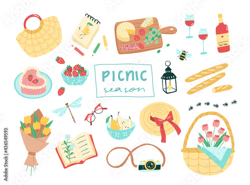 Set of picnic themed vector elements. Includes basket, cheese plate, wine, cake, fruits, sun hat and all things necessary for a good picnic in cute cartoon style. Elements are isolated.