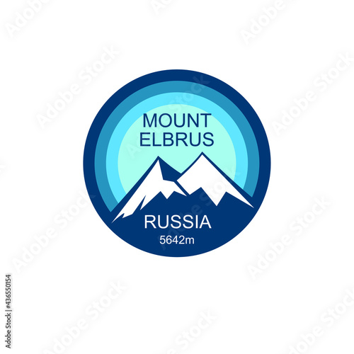 Mount Elbrus logo. Mountains vector illustration. Outdoor adventure expedition, mountains silhouette with snow peaks and sun, round print stamp design for  logo, icon, sticker, emblem, label template