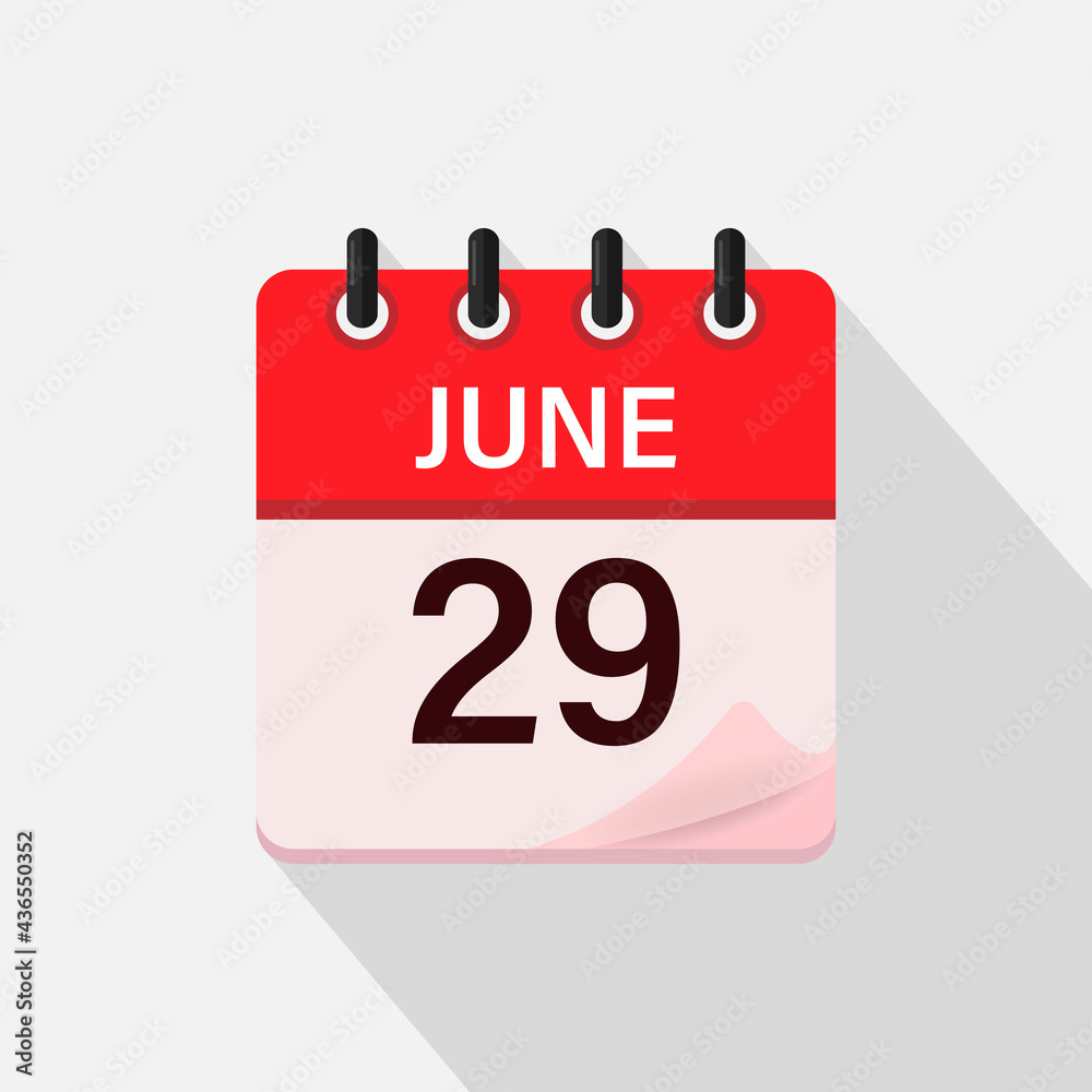 June 29, Calendar icon with shadow. Day, month. Flat vector illustration. June 29, Calendar icon with shadow. Day, month. Flat vector illustration.