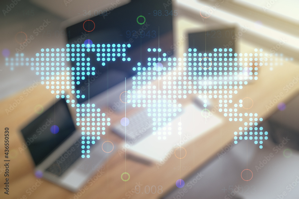 Multi exposure of abstract creative digital world map and modern desktop with laptop on background, research and analytics concept Multi exposure of abstract creative digital world map and modern desktop with laptop on background, research and analytics concept