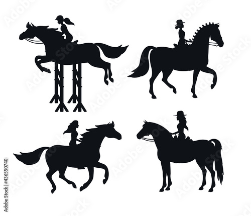 Vector set bundle of women girl riding horse silhouette isolated on white background