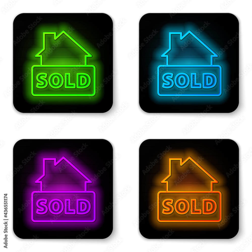 Glowing neon line Hanging sign with text Sold icon isolated on white background. Sold sticker. Sold signboard. Black square button. Vector Glowing neon line Hanging sign with text Sold icon isolated on white background. Sold sticker. Sold signboard. Black square button. Vector