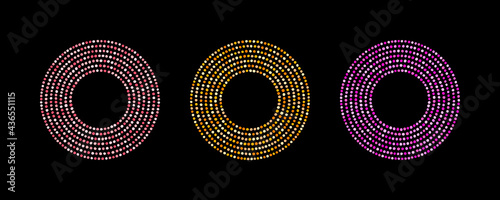 Colorful round dot, dotted frames set. Circle, ring shape templates. Dotty text backgrounds, decorations made of uneven chaotic spots, dots, hand drawn blobs, beads. Geometric graphic design elements.