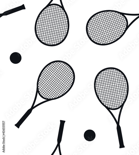 Vector seamless pattern of flat tennis racket and ball silhouette isolated on white background