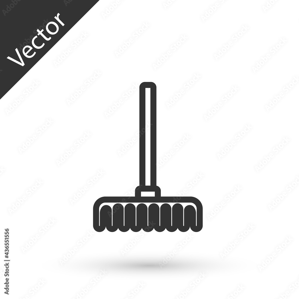 Grey line Garden rake icon isolated on white background. Tool for horticulture, agriculture, farming. Ground cultivator. Vector Grey line Garden rake icon isolated on white background. Tool for horticulture, agriculture, farming. Ground cultivator. Vector