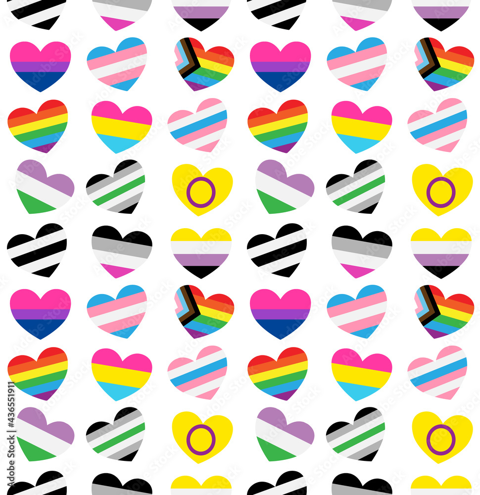 Vector seamless pattern of Gender Sexual orientation lgbt flag heart  isolated on white background. transgender, gay, lesbian, bisexual,  bigender, travesti, genderqueer, androgyne, asexual Векторный объект Stock  | Adobe Stock