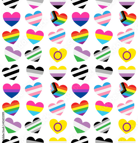 Vector seamless pattern of Gender Sexual orientation lgbt flag heart isolated on white background. transgender, gay, lesbian, bisexual, bigender, travesti, genderqueer, androgyne, asexual