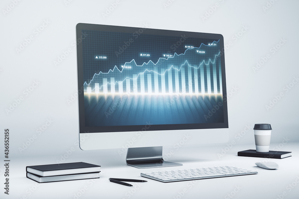 Computer monitor with abstract financial graph, finance and trading concept. 3D Rendering Computer monitor with abstract financial graph, finance and trading concept. 3D Rendering