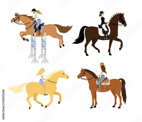 Vector set bundle of flat cartoon women girl riding horse isolated on white background