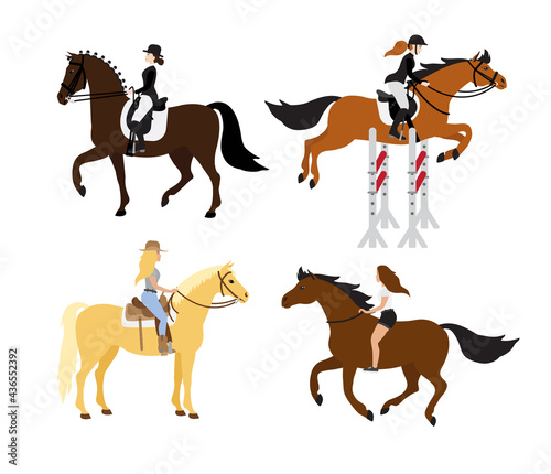 Vector set bundle of flat cartoon colored women girl riding horse isolated on white background