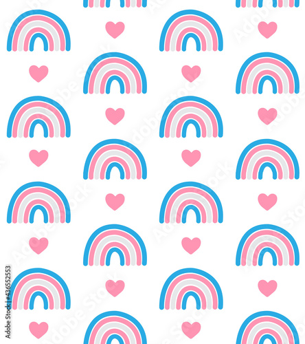 Vector seamless pattern of hand drawn doodle flat lgbt trans transsexual transgender flag rainbow and hearts isolated on white background