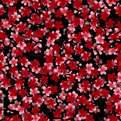 Seamless pattern with blossoming Japanese cherry sakura branches for fabric,packaging,wallpaper,textile,design, invitations,print,gift wrap,manufacturing.Pink and red flowers on black background