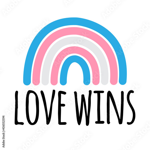 Vector hand drawn doodle flat lgbt trans transsexual transgender flag rainbow and love wins lettering isolated on white background