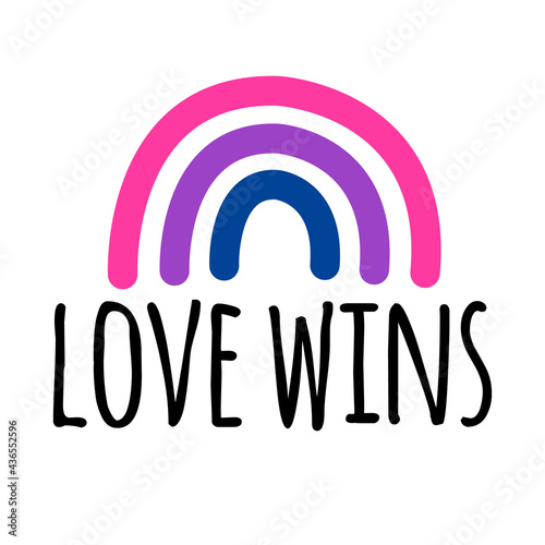 Vector hand drawn doodle flat lgbt bi bisexual flag rainbow and love wins lettering isolated on white background