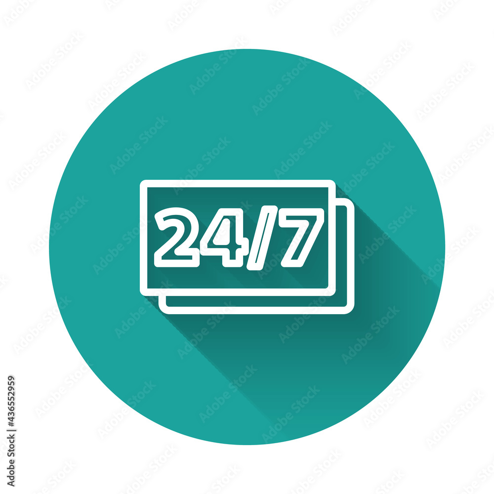 White line Clock 24 hours icon isolated with long shadow. All day cyclic icon. 24 hours service symbol. Green circle button. Vector White line Clock 24 hours icon isolated with long shadow. All day cyclic icon. 24 hours service symbol. Green circle button. Vector