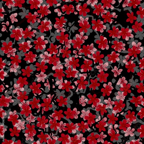 Seamless pattern with blossoming Japanese cherry sakura branches for fabric,packaging,wallpaper,textile decor,design, invitations,gift wrap,manufacturing.Red and gray flowers on black background. © Anzelika