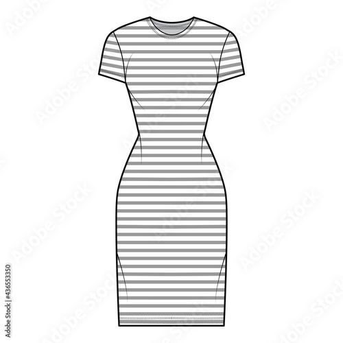 Dress sailor technical fashion illustration with stripes, short sleeves, fitted body, knee length pencil skirt. Flat apparel front, white color style. Women, men unisex CAD mockup