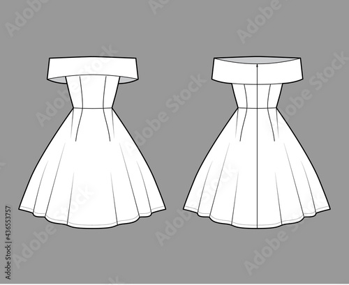 Dress off-the-shoulder Bardot technical fashion illustration with sleeveless, fitted body, knee length circular skirt. Flat evening apparel front, back, white color style. Women, men unisex CAD mockup