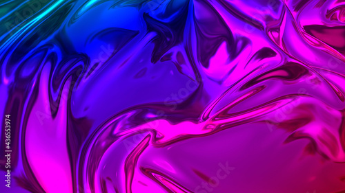 3D render beautiful folds of foil with gradient iridescent blue red color in full screen  as clean fabric abstract background. Simple soft material with crease like waves on liquid surface. 3