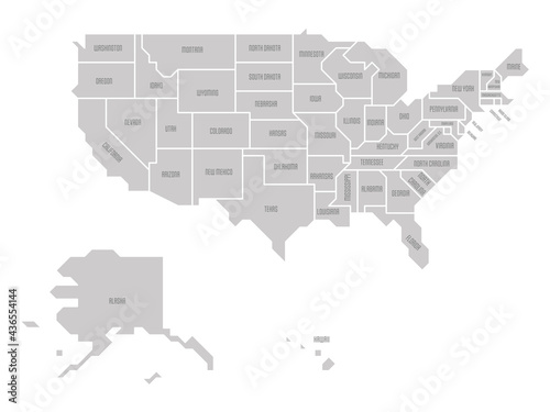 Grey simplified map of USA, United States of America. Retro style. Geometrical shapes of states with sharp borders. Simple flat vector map with state name labels