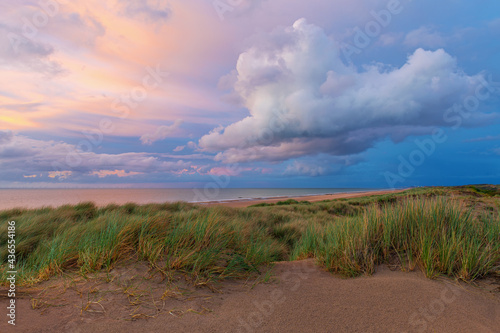 Fototapeta Naklejka Na Ścianę i Meble -  Dramatic sand dunes landscape at sunset along North Sea beach, Oostende (Ostend), Belgium.