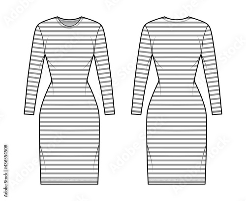 Dress sailor technical fashion illustration with stripes, long sleeves, fitted body, knee length pencil skirt. Flat apparel front, back, white color style. Women, men unisex CAD mockup
