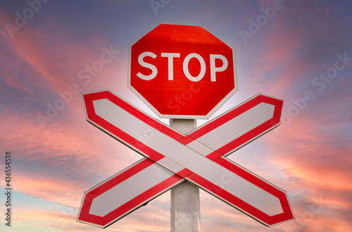 A stop sign forbidding traffic. Railway sign. Traffic is prohibited photo