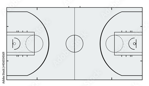 Diagram of basketball court vector illustration isolated on white background. Basketball field scheme symbol. Sport terrain draft.