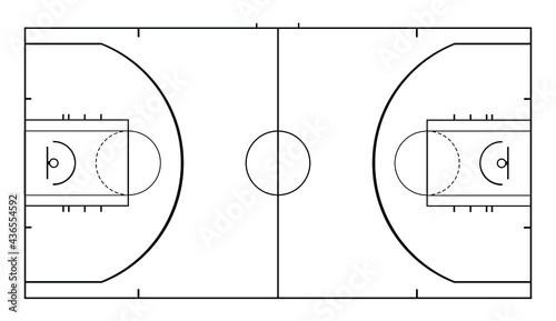 Diagram of basketball court vector illustration isolated on white background. Basketball field scheme symbol. Sport terrain draft. © dovla982