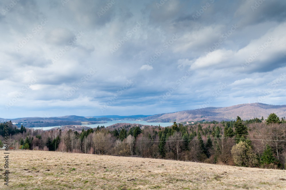 View from the viewing point in Werlas on the dam in Solina and the Solina lake. Bieszczady Mountains.