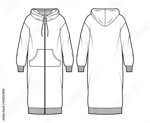 Dress zip-up hoody technical fashion illustration with long sleeves, kangaroo pouch, rib cuff oversized body, knee length skirt. Flat apparel front, back, white color style. Women, unisex CAD mockup