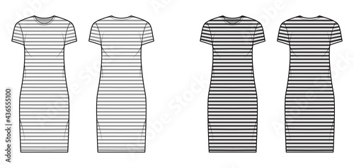 Dress sailor technical fashion illustration with stripes, short sleeves, oversized body, knee length pencil skirt. Flat apparel front, back, white, grey color style. Women, men unisex CAD mockup