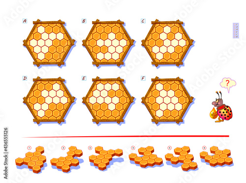 Logic game for smartest. Find the part that fell out of each honeycomb. Printable page for brain teaser book. 3D puzzle. Brain teaser book. IQ test. Play online. Developing spatial thinking skills.