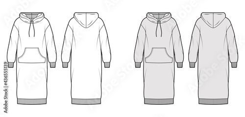 Dress hoody technical fashion illustration with long sleeves, kangaroo pouch, rib cuff oversized body, knee length skirt. Flat apparel front, back, white, grey color style. Women men unisex CAD mockup