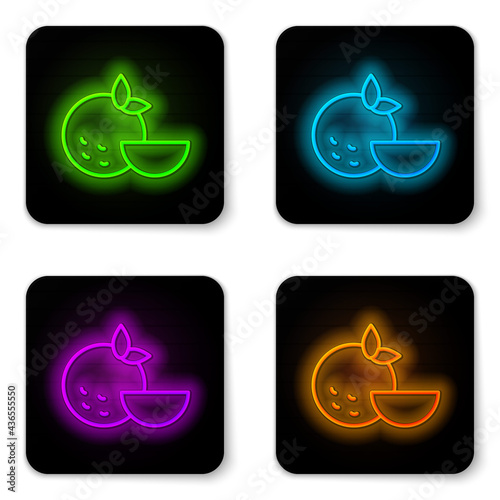 Glowing neon line Orange fruit icon isolated on white background. Black square button. Vector