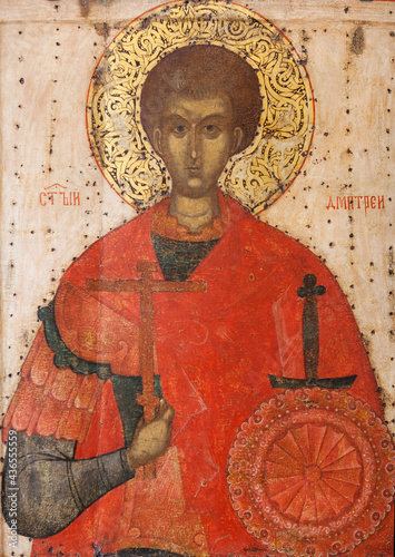 Ancient icon of Saint Demetrios of Thessalonike, also known as the Holy Great Martyr Demetrius the Myroblyte, from the Church of Saint Barbara in Pskov, Russia, 15th cent.