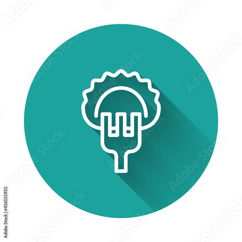 White line Dumplings on fork icon isolated with long shadow. Pierogi, varenyky, pelmeni, ravioli. Traditional Ukrainian food. Green circle button. Vector