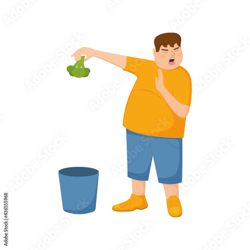 Young fat man refuse eating broccoli and throws it in trash can. Guy with refusing gesture, facial expression of disgust. Picky food eater. Unhealthy lifestyle concept. Vector cartoon illustration.