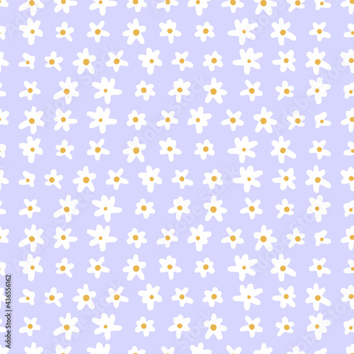 Cute flowers doodles hand drawn vector seamless pattern. Spring, summer colored cartoon ornament. Cottagecore simple floral design for print, fabric, textile, background, wallpaper, wrap, card, decor.